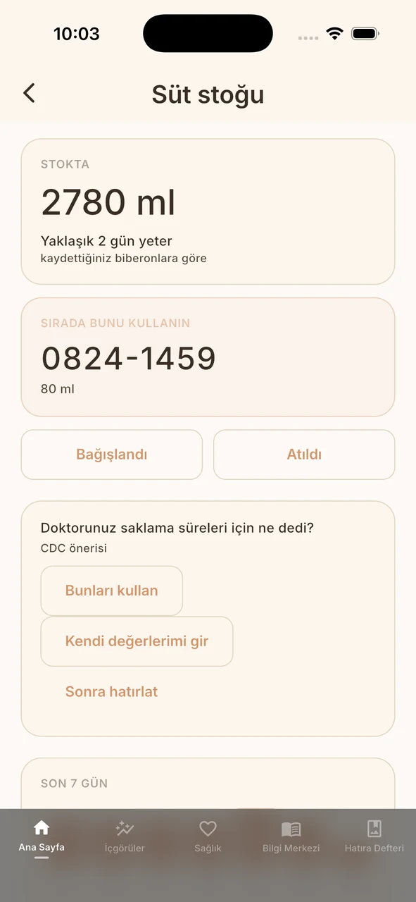 Whispie süt stoğu: stoktaki toplam, sıradaki poşet ve yakında bozulacak olan